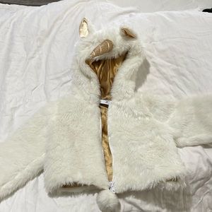 Gillian’s Closet 5 white fur gold trim front zip jacket and unicorn ears & horn